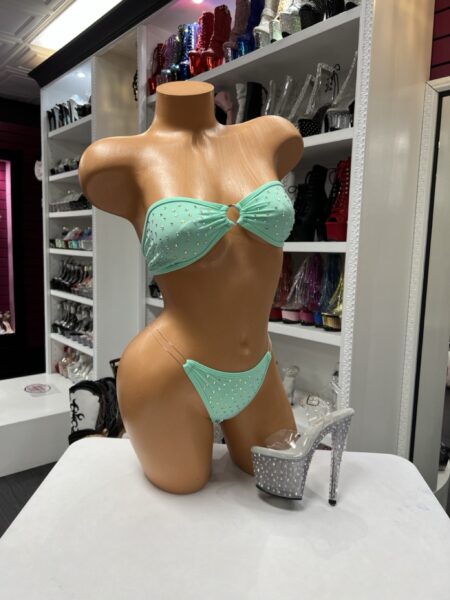 Mint Crystal Bikini Set with rhinestone bandeau bikini top and matching thong bottoms in mint green