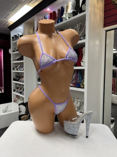 Lavender Diamond Micro Bikini rhinestone embellished lavender triangle bikini with matching micro thong bottom