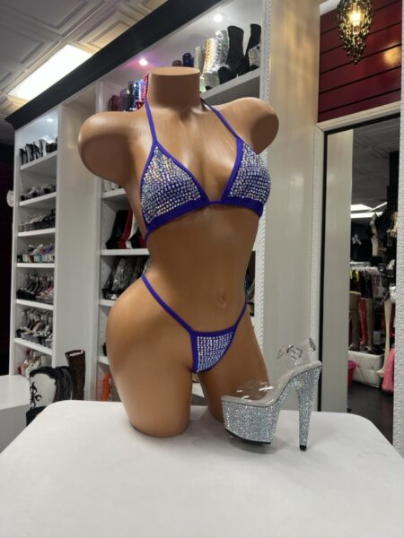 Royal Crystal Microkini purple rhinestone bikini with triangle top and matching crystal embellished thong bottom