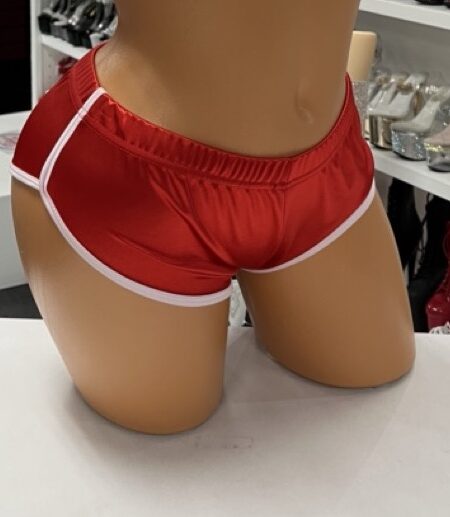red athletic sport shorts fitted red shorts with white trim and elastic waistband