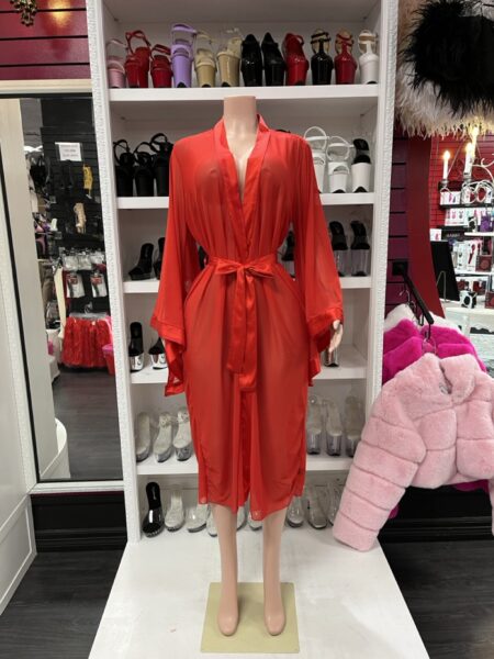 Red sheer satin robe with flowing bell sleeves, lightweight mesh fabric, satin trim, and adjustable waist tie styling.