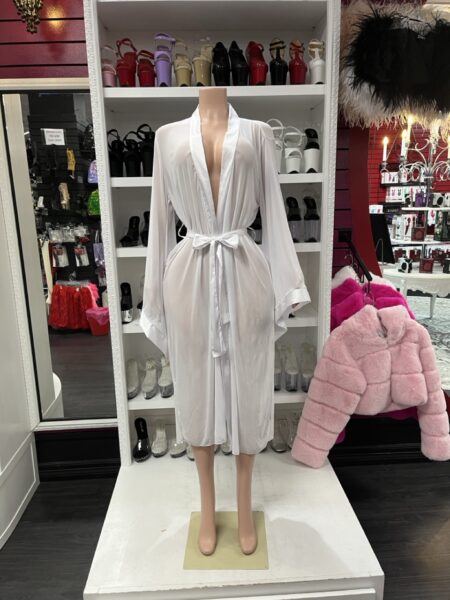 White sheer satin robe with flowing bell sleeves, waist tie, and lightweight elegant lounge styling