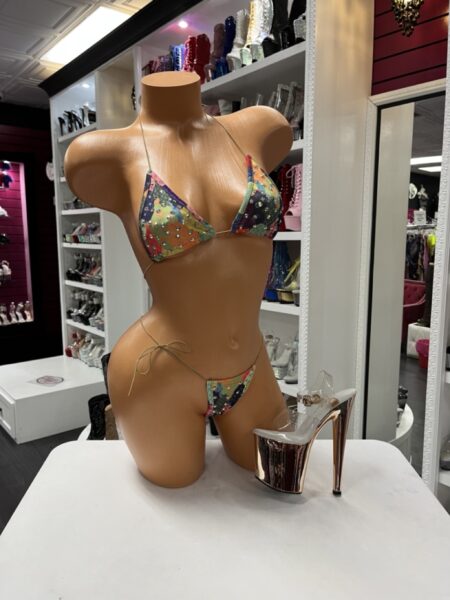 abstract print string bikini with rhinestone details and tie side bottoms