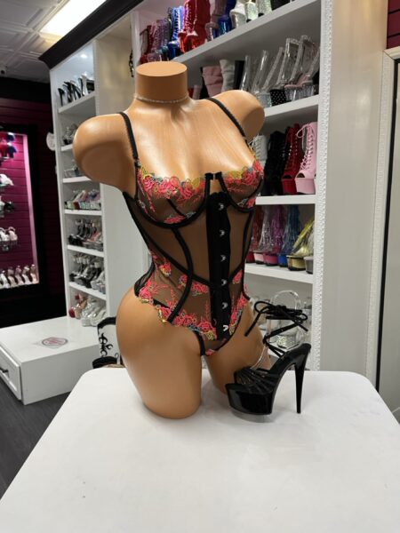 Midnight rose corset set with black sheer mesh, neon floral embroidery, and matching thong lingerie styling