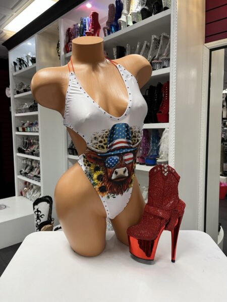 t Cowgirl Freedom Bodysuit white patriotic one piece with western bull graphic rhinestone trim and side cutouts