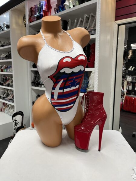 Liberty Lips Bodysuit white patriotic one piece with lips graphic rhinestone trim and high cut fit