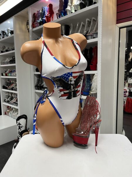 Freedom Eagle Monokini white patriotic one piece with eagle graphic side tie details and high cut fit
