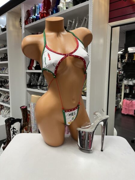 Mexico Cutout Monokini Style with dramatic cutouts, rhinestone accents, and vibrant color details