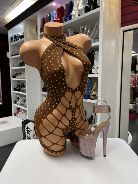 Bronze Rhinestone Romper with halter neckline, rhinestone embellishments, and dramatic cutout details