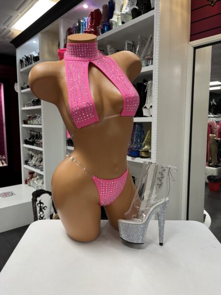 Pink Rhinestone Halter Set with sparkling crystal embellishments and matching bottoms