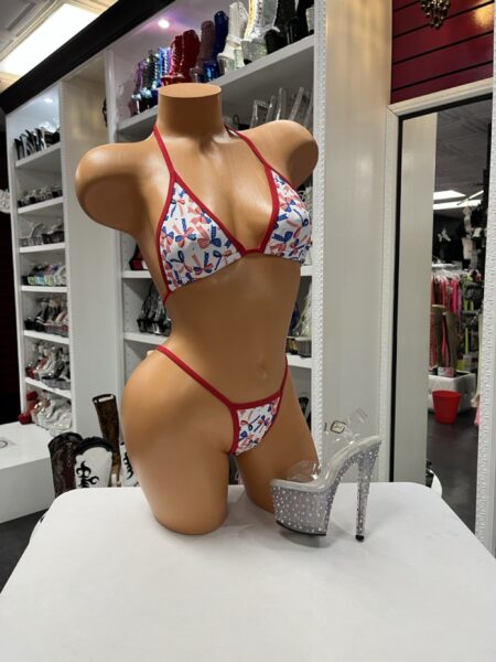 Patriotic Bow String Bikini featuring a red, white, and blue bow print, red trim, triangle top, and matching thong bottom.