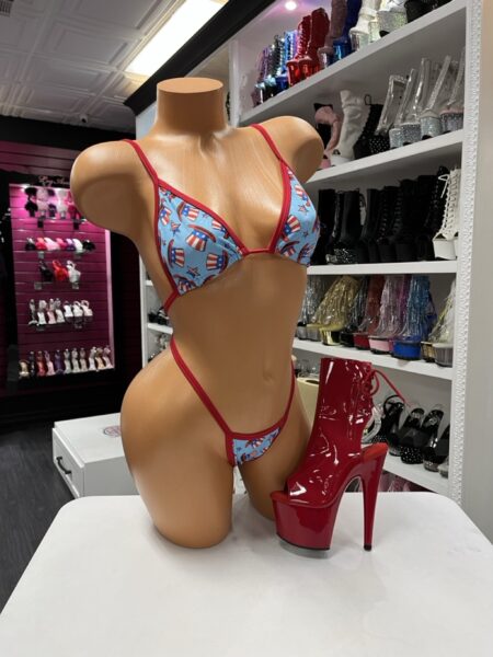 Patriotic Popsicle String Bikini featuring a light blue popsicle print, red trim, triangle top, and matching thong bottom.