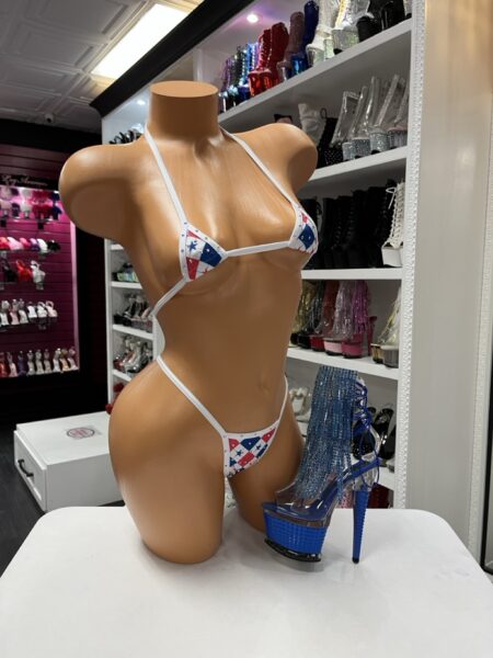 Americana Crystal String Bikini featuring a red, white, and blue geometric print, crystal embellishments, and white trim.
