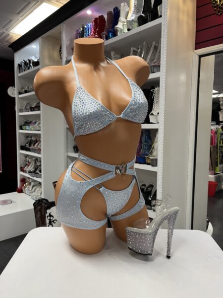 Frosted Rhinestone Harness Set featuring a sparkling triangle top, matching thong, rhinestone cutout shorts, and decorative waist harness.
