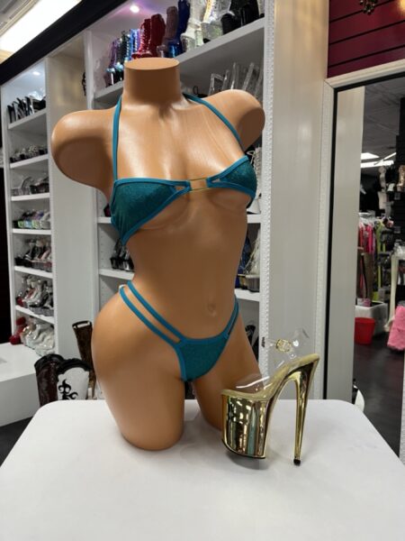 Teal Shimmer Bikini Set featuring sparkling teal fabric, halter-style top, double side strap bottoms, and modern minimalist design.
