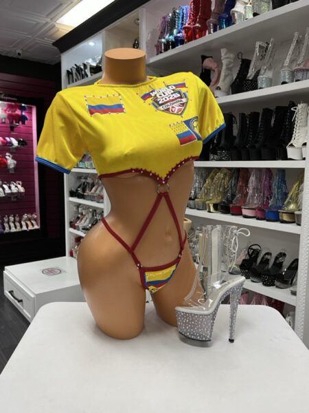 Colombia Soccer Ring Set featuring a yellow jersey-inspired crop top, rhinestones, center O-ring, and matching thong bottom.