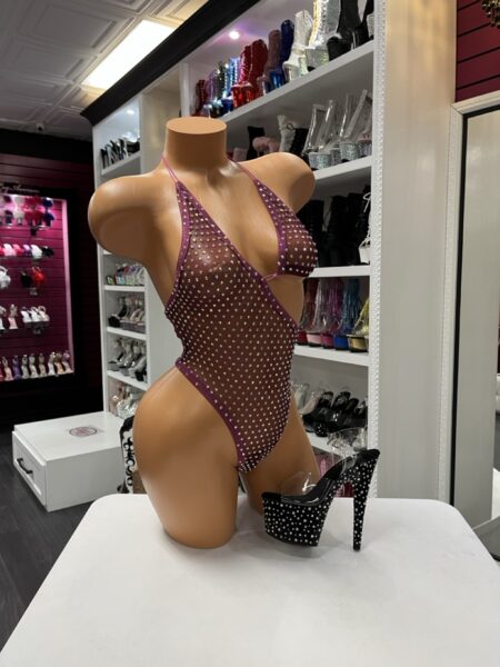 Burgundy Hybrid Mesh Bodysuit with sheer crystal mesh, crystal embellishments, and deep plunge halter neckline.
