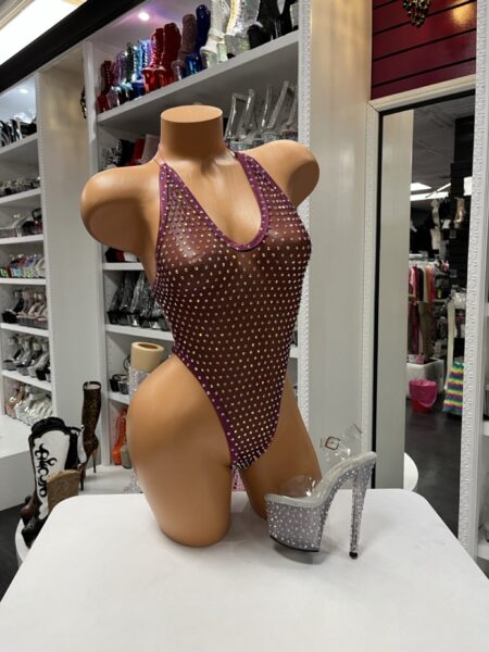 Plum Crystal Mesh Bodysuit with sheer crystal mesh, halter neckline, and high-cut silhouette.