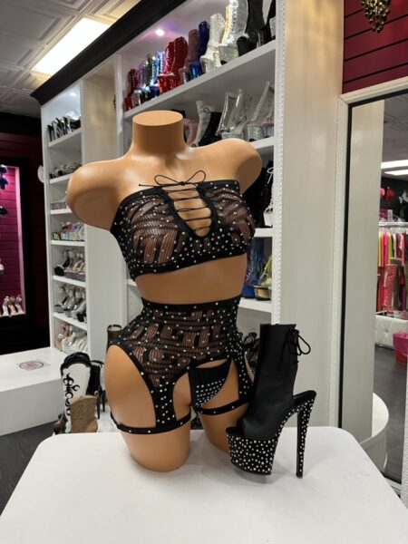 Black Crystal Garter Set with crystal fishnet fabric, lace-up bandeau top, and attached garter straps.