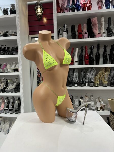 Neon Crystal String Bikini featuring crystal embellished triangle cups and a matching thong bottom.