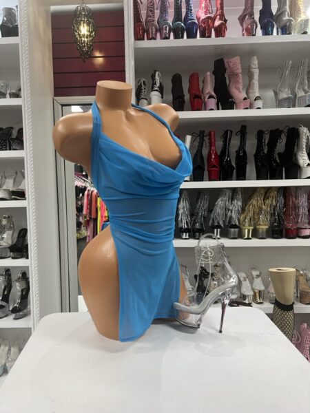 Turquoise Side Slit Dress featuring a draped halter neckline, open sides, and a flowing mesh panel.
