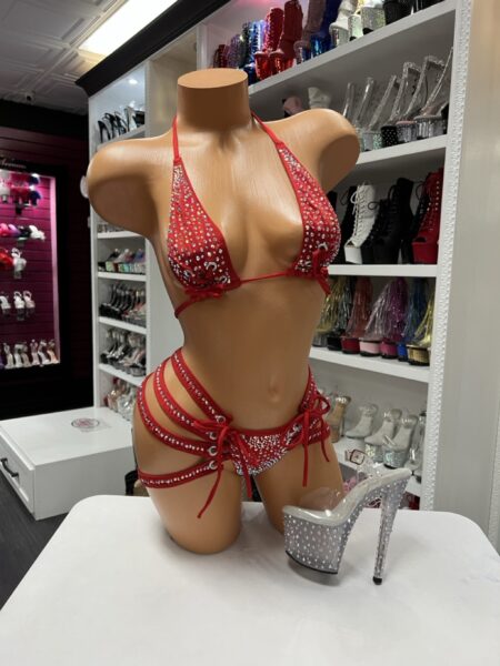 Ruby Crystal Garter Bikini with rhinestone triangle top, embellished thong, and sparkling hip straps