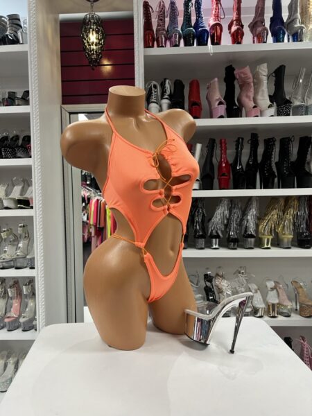 Orange Lace Up Bodysuit with lace-up front detail, open sides, and high-cut silhouette