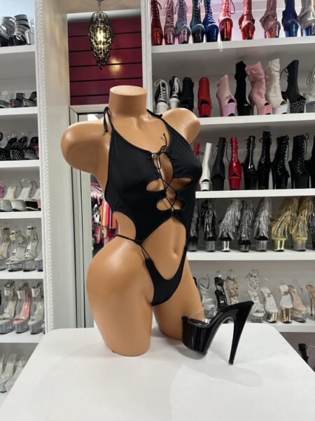 Black Lace Up Monokini with adjustable halter ties and open side design