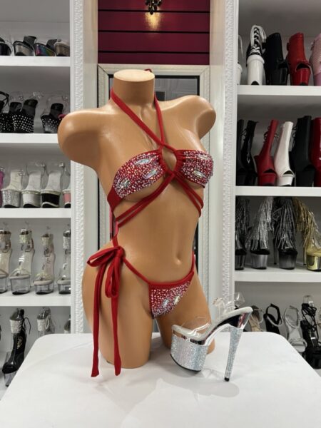 Maroon Rhinestone Bikini Set featuring sparkling crystal embellishments, wrap-around straps, adjustable side ties, and iridescent teardrop accents.