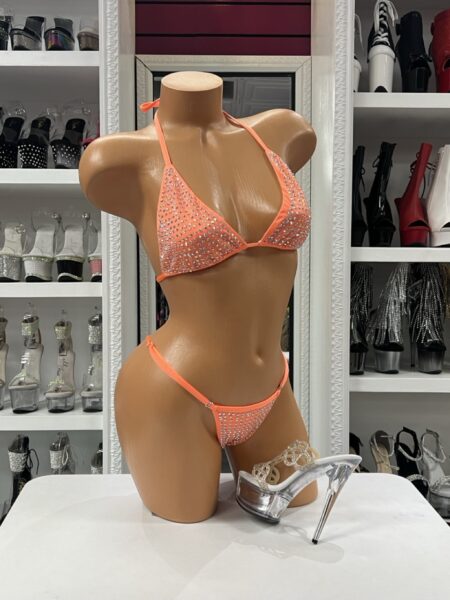 Coral Crystal Micro Bikini with rhinestone triangle top and matching micro thong bottom