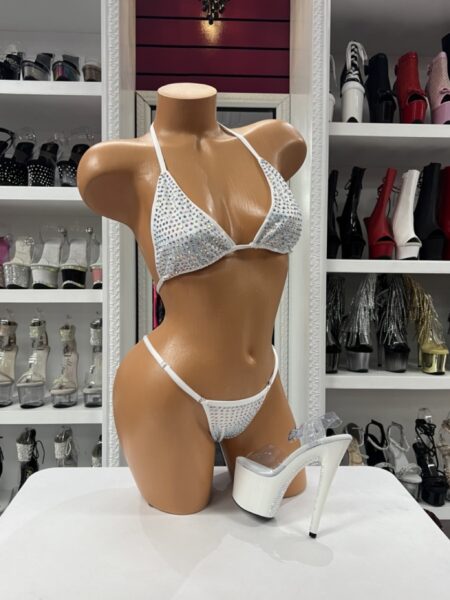 White Rhinestone Bikini Set featuring sparkling crystal embellishments, adjustable triangle top, and matching rhinestone thong.