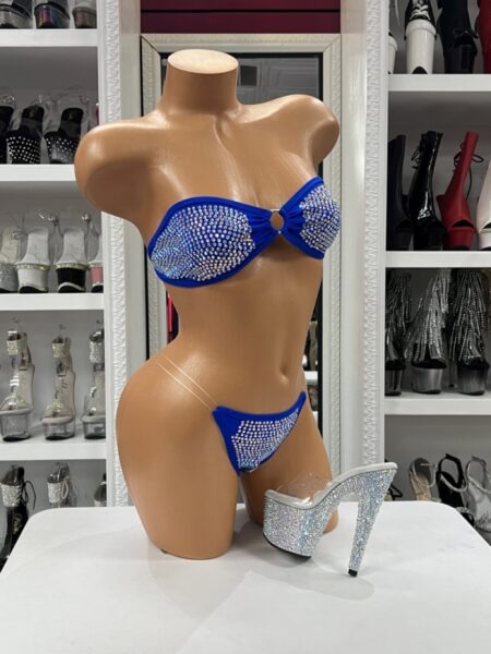Blue Rhinestone Bikini Set with sparkling crystal embellishments, bandeau top, and matching thong with clear side straps.