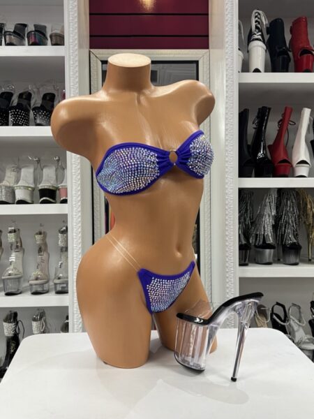 Purple Rhinestone Bikini Set with sparkling crystal embellishments, bandeau top, and matching thong with clear side straps.