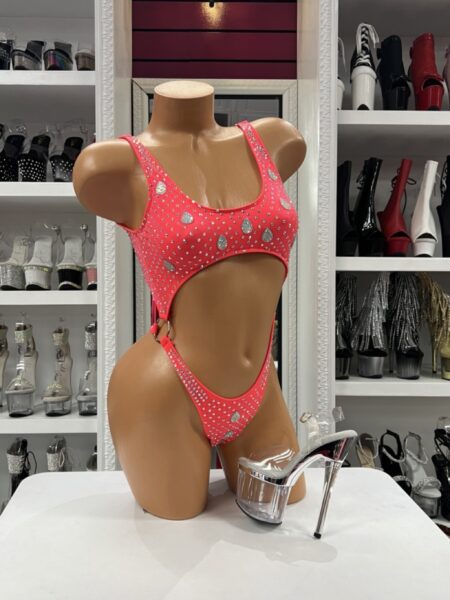 Neon Rhinestone Cutout Romper with sparkling crystal embellishments and side cutout design.