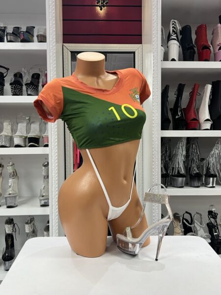 Portugal Soccer Sling Set with green and orange crop top and matching high-cut sling bottom
