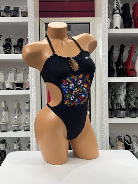 Black World Cup bodysuit featuring colorful international flag artwork, rhinestone trim, and side cutout details