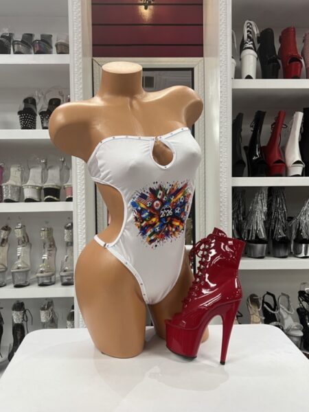 White World Cup cutout bodysuit featuring colorful international flag artwork and rhinestone trim details