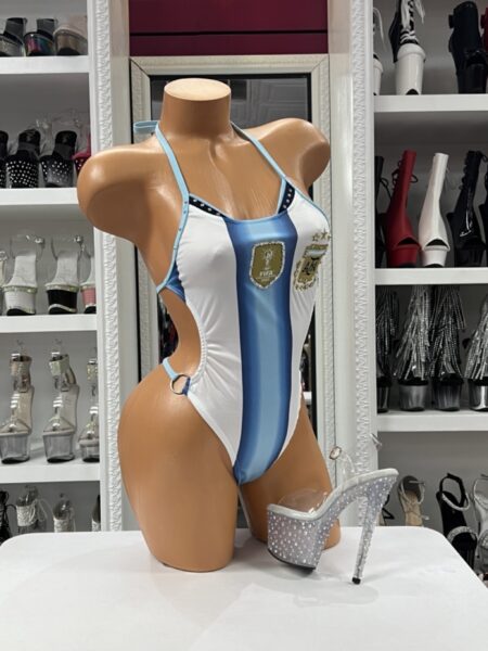 Argentina Flag Teddy featuring sky blue and white stripes, rhinestone trim, silver O-rings, and adjustable halter ties.