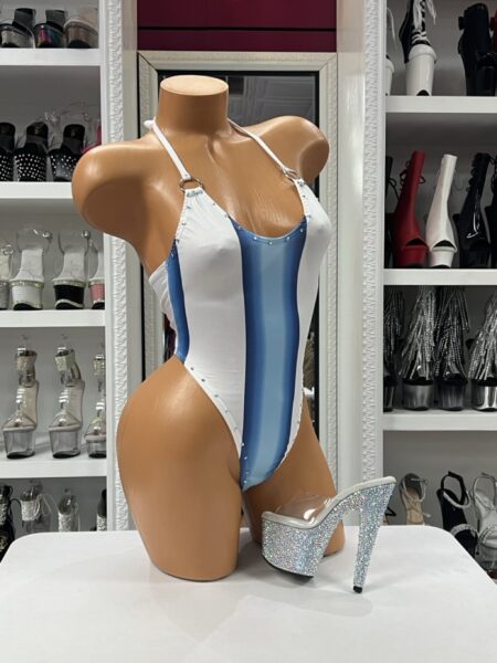 Baby Blue Stripe Bodysuit with crystal accents, ring hardware, halter neckline, and high-cut design