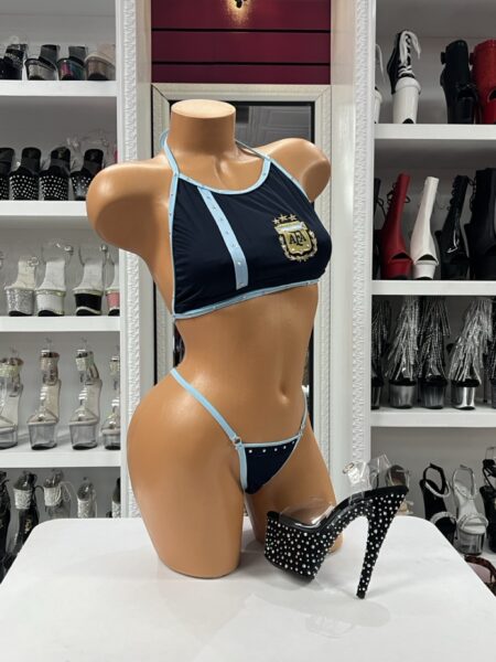 Argentina Soccer Bikini Set with navy and sky blue high-neck top and matching thong bottom