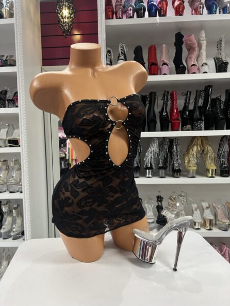 Midnight Velvet Mini Dress with black flocked mesh, crystal embellishments, silver rings, and side cutouts