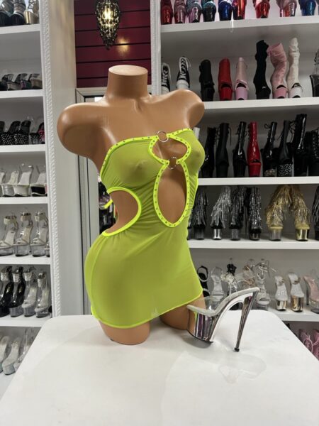 Neon Eclipse Mini Dress with crystal embellishments, metal ring details, and side cutouts in neon yellow