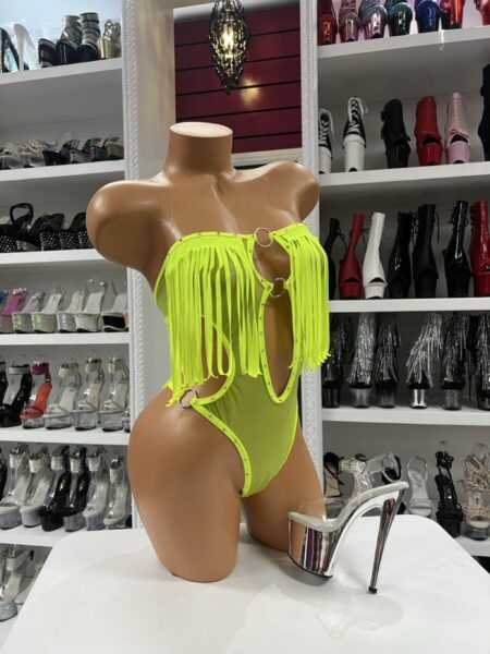 Neon Fringe Oasis Monokini with crystal accents, fringe details, and decorative rings in neon yellow