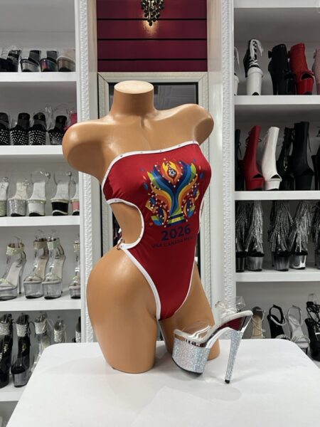 Championship Fever Bodysuit with crystal accents, side cutouts, and colorful championship-inspired graphic artwork