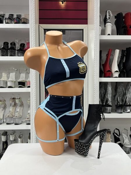 Sky Blue Soccer Set with halter crop top, matching bottoms, and garter strap accents