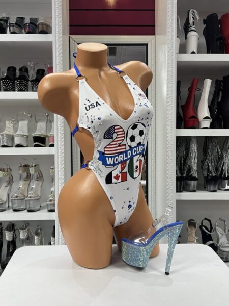 International Soccer Spirit Bodysuit with rhinestone details and athletic-inspired design