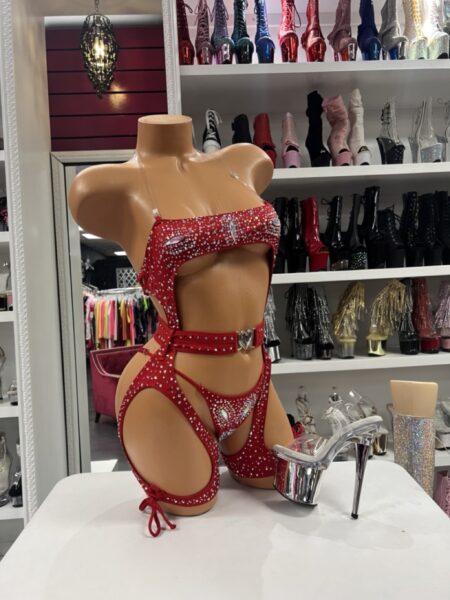 Crimson Rhinestone Harness Set with sparkling crystal embellishments, matching thong, bandeau top, decorative harness, and leg straps.