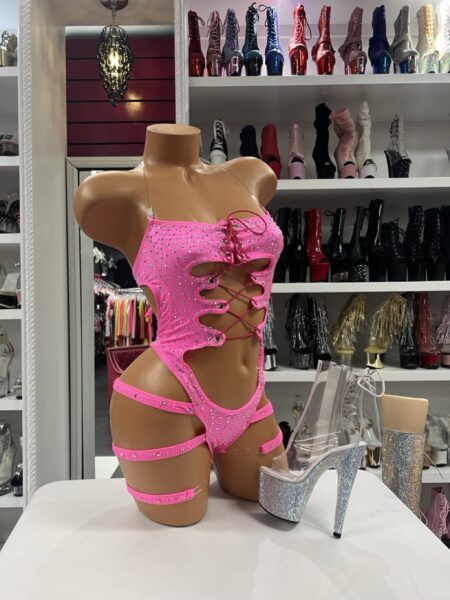 Pink Crystal Cage Bodysuit with rhinestones lace up front and attached leg straps