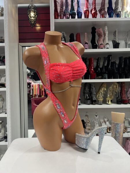 Neon Rhinestone Festival Bodysuit with crystal embellishments and high-cut design