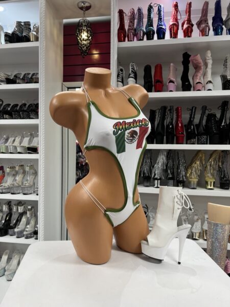 Mexico Cutout Bodysuit with dramatic side cutouts and bold graphic artwork
